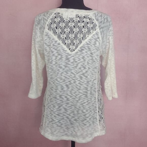Cato Lace Crochet Detail 3/4 Sleeve Top Size Medium Ivory Cream - Picture 2 of 4